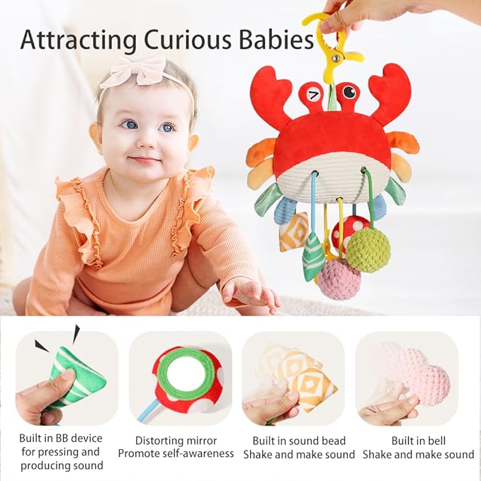 Car Seat Toys for Babies 0–12 Months – Hanging Baby Activity Toy for Car Seat, Stroller, Crib & Gym – Infant Plush Rattle with Mirror, Crinkle, Clip-On for Boys & Girls