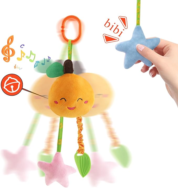 KAKIBLIN Baby Hanging Rattle Toys, 4 Pack Car Seat Stroller Toys Soft Squeaky Toy for Baby Newborn Infant Car Crib Travel Activity with Teether for Boys Girls, Toys for 0 3 6 9 12 Months, Fruits-A