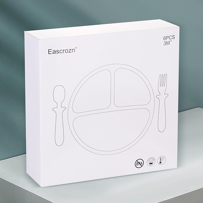 Eascrozn Baby Feeding Set, 2 Pack Silicone Divided Suction Plates for Baby, 2 Pack Spoons and Forks Set, BPA Free, Baby Led Weaning Supplies for Toddler Utensils