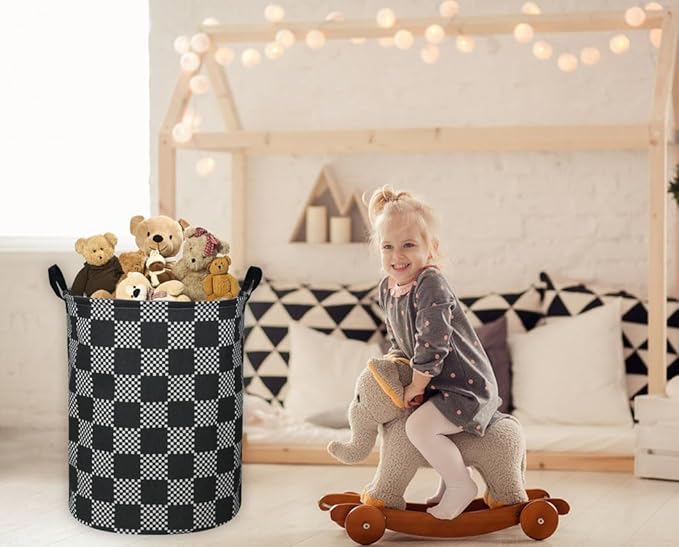 ESSME Boys Laundry Hamper,Kids Hamper Collapsible Canvas Waterproof Storage Bin for Boy, Nursery Hamper,Gift Baskets,toy bins(Black grid)