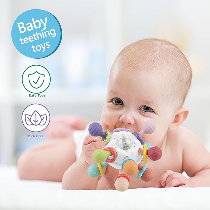 Baby Sensory Montessori Toy - Infant Teething Relief - Teethers for Newborn - Developmental Rattles Chew Toys Gifts for 0 3 6 9 12 18 Months Girl Boy -Toddler Travel Toy for 1 2 One Year Old (White)