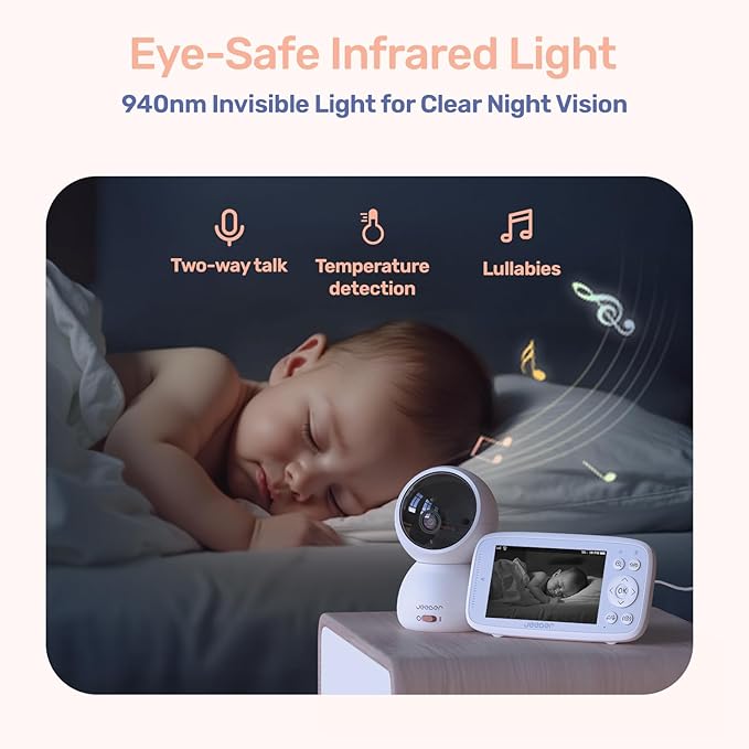 1080P WiFi Baby Monitor with 2 Camera and Audio, Pan-Tilt-Zoom Video Camera, 4'' IPS Screen, HD Night Vision, Motion & Cry Detection, 360° View, Temperature Sensor, Feeding Reminder, Lullabies