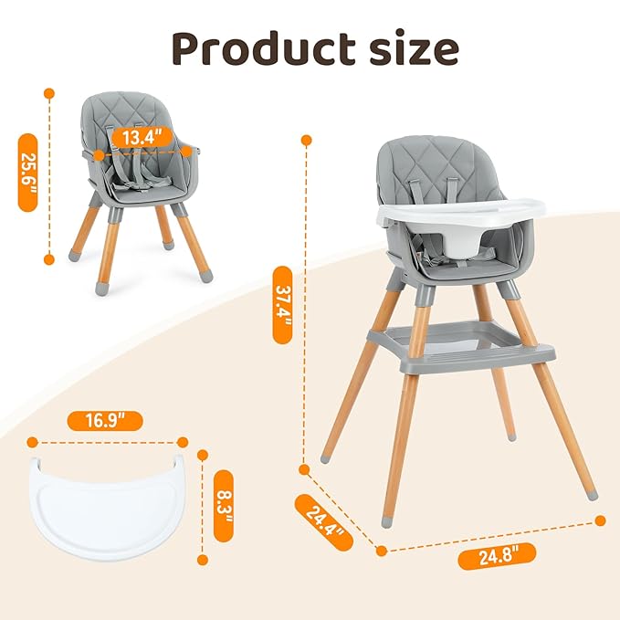 Ezebaby 6 in 1 High Chairs for Babies and Toddlers, Baby High Chair Convertible to Booster Seat and Toddler Chair, Wooden High Chair with Storage and Dishwasher Safe Tray
