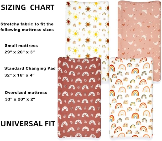 4 Pack Boho Nursery Sheets - Sunshine and Rainbow Design, Neutral Unisex Fitted Baby Changing Pad Cover Sheets for Baby Boys or Girls