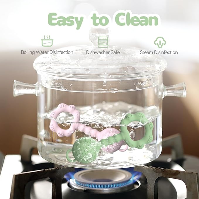 Teethers for Babies 6-12 Months, Baby Rattles 0-6 Months, 2-in-1 Rattle and Teether Toy for Soothing Sore Gums and Keeps Little Ones Entertained, Food Grade Silicone, Green