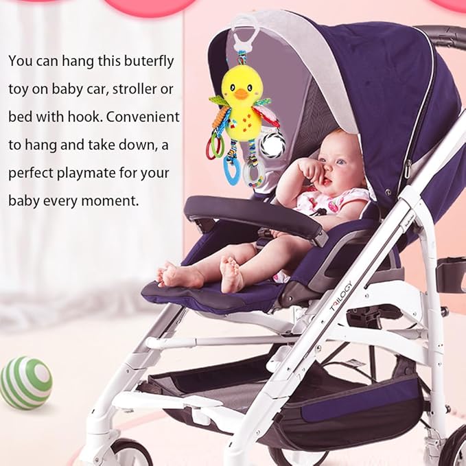 D-KINGCHY Baby Car Seat Stroller Toys Plush Hanging Animal Stuffed Rattle with Teether Sound for 0-3 Years Old (Duck)