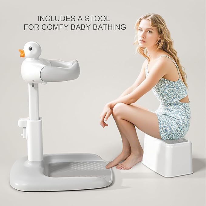 Hamiva Baby Bath Stand with Built-in Seat - Duck Design - Anti-Slip Base - Baby Shower Stand for Sitting or Standing (White Beige)