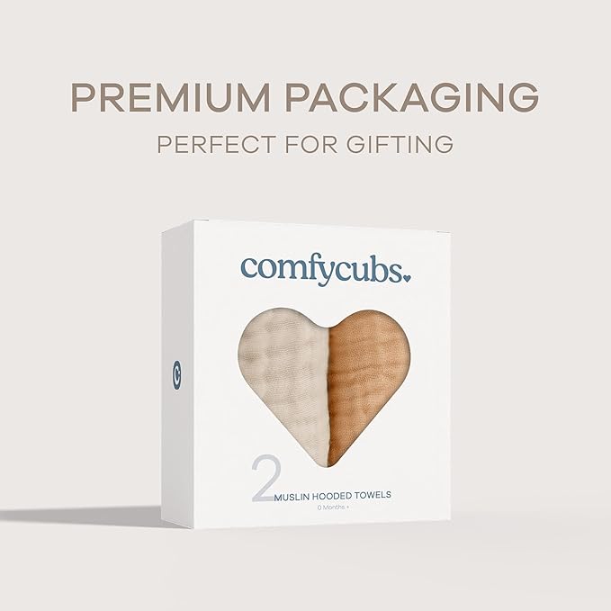 Comfy Cubs Hooded Baby Towel 2-Pack, Large 32 x 32 Inch - 6 Layer 100% Muslin Cotton for Babies, Toddlers, Kids - Soft & Absorbent Baby Bath Towels - Unisex Design for Bath Time, Cedar and Sand