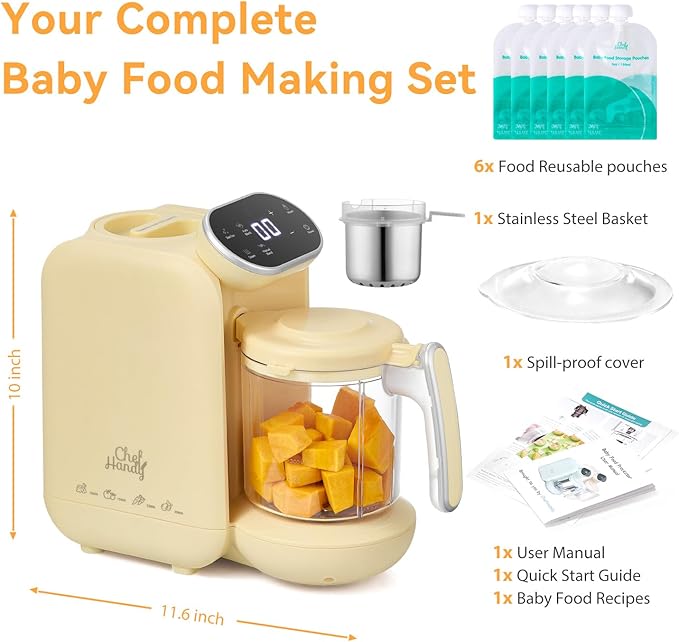Chefhandy Baby Food Maker, Steamer & Blender with Stainless Steel Basket, Puree Maker with Auto/Manual Blend, Bottle Warmer & Sterili-zer, Safe & Easy-to-Clean Compact Baby Food Processor (Yellow)