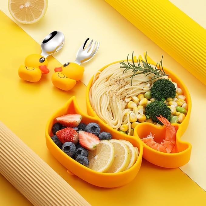 Ecrekhom Silicone Baby Feeding Set (5-Piece), Essential for Baby Food, Yellow Duck-Shaped Baby Plate, Food-Grade Silicone Material with High Temperature Resistance, Includes Bib, Yellow