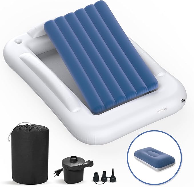 Deeteck Inflatable Toddler Travel Bed - 53 Inches Portable Toddler Bed for Travel with Safety Sides - Cozy Kids Air Mattress Set with High-Speed Pump & Carry Case - Lightweight & Easy to Inflate(Blue)