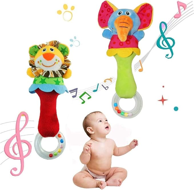 Baby Soft Rattles Shaker, Infant Developmental Hand Grip Baby Toys, Cute Stuffed Animal with Sound for 3 6 9 12 Months and Newborn Gift(2 Pack)