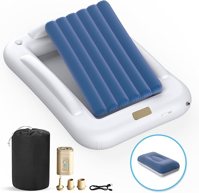 Deeteck Inflatable Toddler Travel Bed - 60 Inches Portable Toddler Bed for Travel with Safety Sides - Cozy Kids Air Mattress with Built-in Electric Pump &Carry Case - Easy to Inflate - Sea Blue