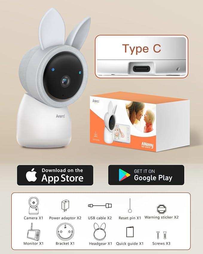 ARENTI Baby Monitor with 2 Cameras, 2K Smart Baby Camera with 5'' Upgraded Wireless Display, Super Night Vision, Breathing Light, Lullabies, Cry&Motion Detection, Temp&Humidity Sensor, 2 Way Audio