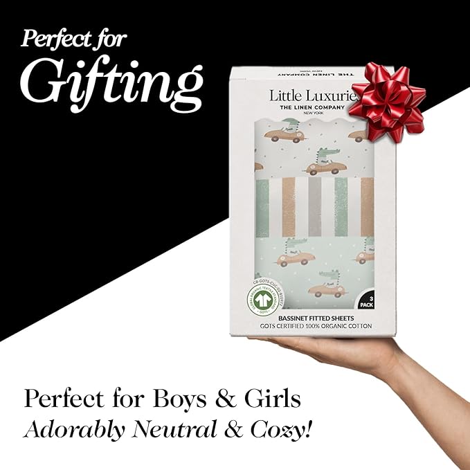 100% Organic Cotton Mini Crib Sheets (3-Pack) - GOTS Certified - Breathable Pack n Play Sheets Fitted - Double-Elastic for Secure Fit, Extra Protection for Your Baby - Gender-Neutral Prints (27"x39")