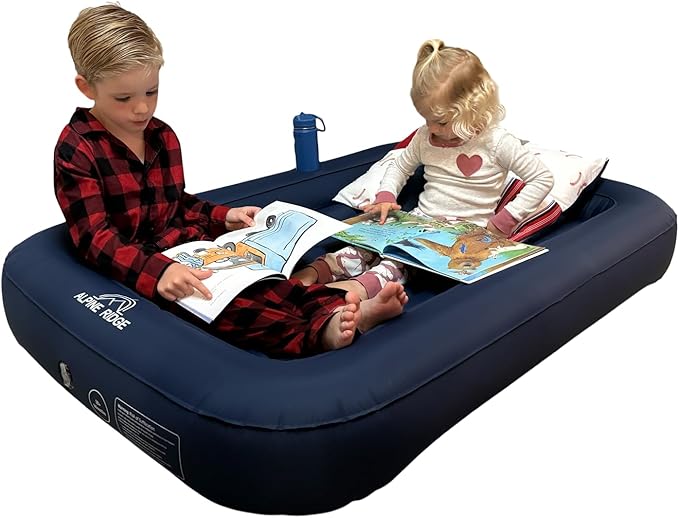 Alpine Ridge - Toddler Travel Bed – Portable Nylon Toddlers Bed with 4-Sided Bumpers – Inflatable Toddler Travel Bed for Camping, Sleepovers – Kids Air Mattress with Built-in Foot Pump