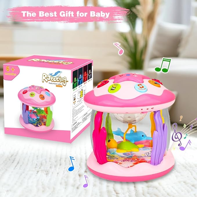 Baby Girl Toys 6-12 Months: Babies Ocean Rotating Light Up Musical Toys 12-18 Months Crawling Learning Infant Toy for Toddlers 1 2 3 Years Old Baby Girl Gifts (Pink)
