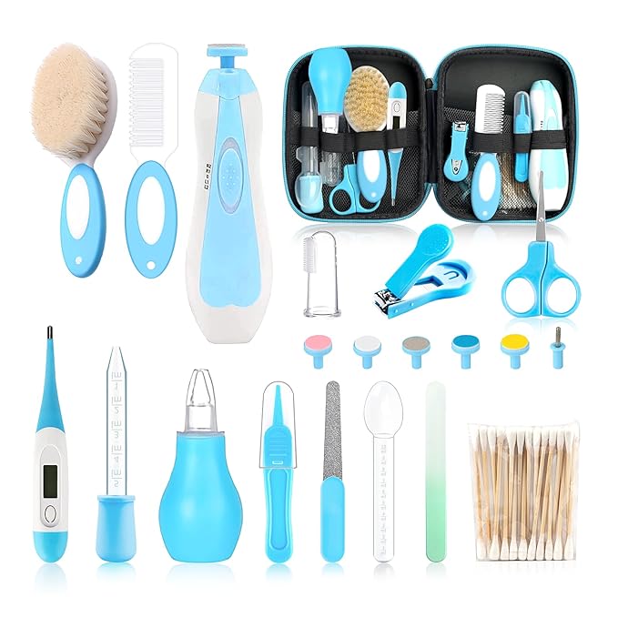 Baby Grooming Kit,Electric Safety Nail Trimmer Baby Nursery Kit,Infant Safety Care Set with Hair Brush Comb Nail Clipper Nasal Aspirator,Baby Essentials Kit for Newborn Girls Boys (21 PC-Blue Kit)