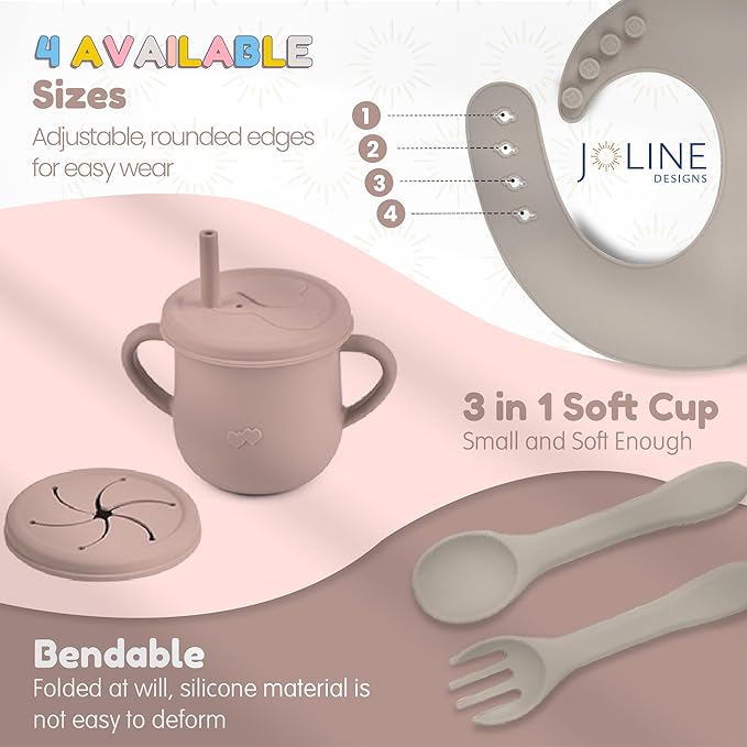 Joline Designs Silicone Baby Feeding Set - Perfect silicone plates for baby & Toddler Plates with lids, Baby Bowls with Suction, Baby Utensils - Baby Led Weaning Supplies & Eating Essentials - (Gray)