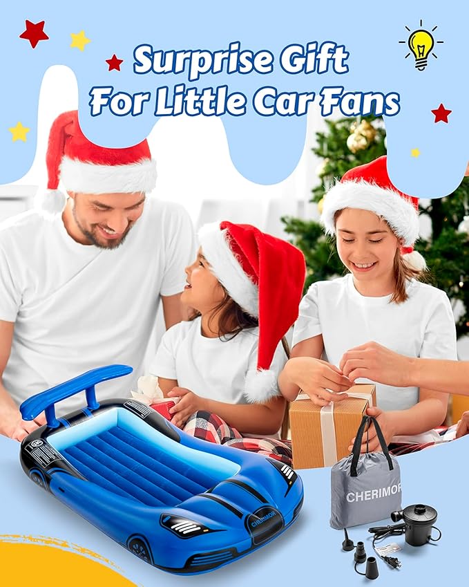 CHERIMOR Inflatable Toddler Travel Bed with Safety Bumpers & 2 Mins Auto Inflation Pump, Portable Toddler Kids Air Mattress with Carry Bag for Home Grandma's Sleepovers Travel Camping, 330lbs Support