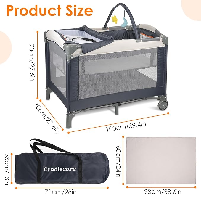 Cradlecare 3-in-1 Pack and Play Playard with Bassinet and Changing Station | Portable Baby Playard for Travel, Foldable Play Pen for Newborns and Toddlers, 2 Locking Wheels, Breathable Mesh (Creamy)