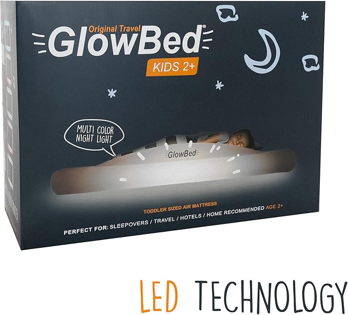 GLOWBED Inflatable Travel Bed with LED Lights & Remote – Portable Kids Air Mattress for Travel, Camping & Sleepovers – Blow Up Bed with Glowing Halo Night Light Designed for Balance – Toddler Size