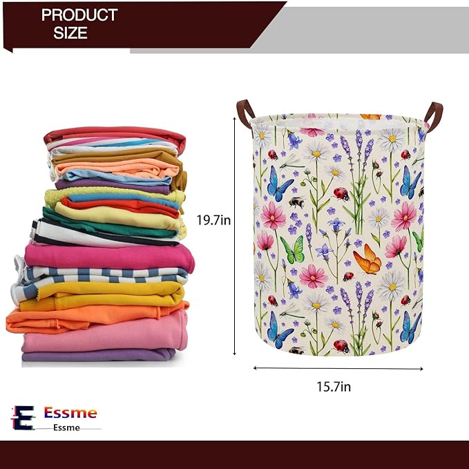 ESSME Kids Laundry Basket,Flower Hamper Collapsible Canvas Waterproof Storage Bin for Form, Nursery Hamper,Gift Baskets,toy bins(Flower cluster)