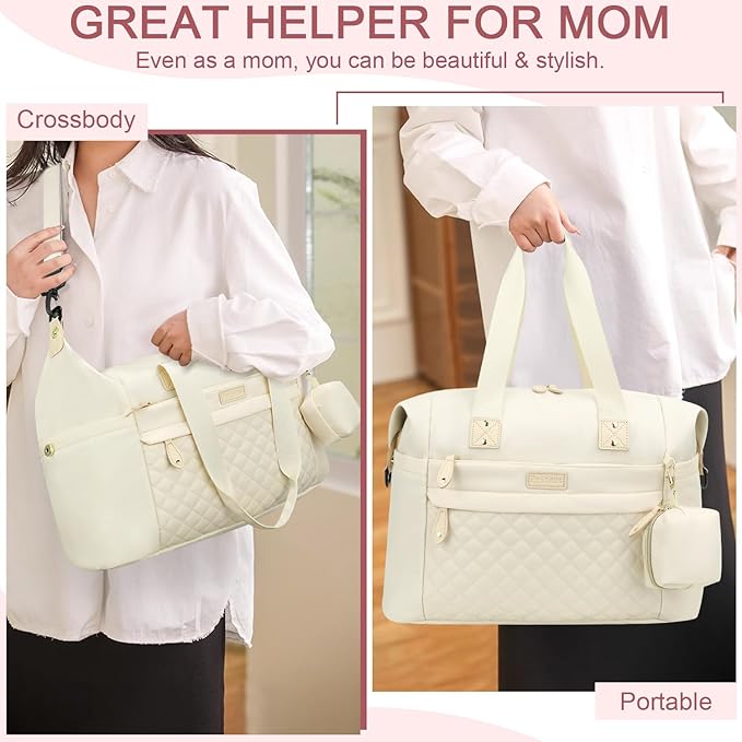 Diaper Tote, Baby Bags with Pacifier Case, Shoulder Straps, Stroller Clips, Waterproof Mommy Bag - Medium, White