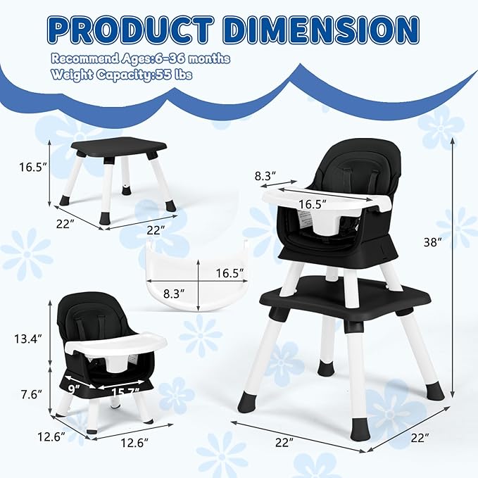 Kinder King 8 in 1 Baby High Chair, Coverts to Dining Booster Seat/Kids Table & Chair Set/Toddler Building Block Table/Kids Stool, Removable Tray & Double Seat Cover, Easy to Wipe, Black & White