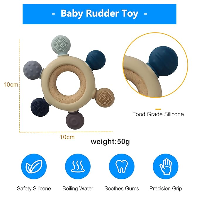 Arudyo Baby Teething Toys Silicone Teethers BPA Free Silicone Rudder with Wooden Ring Soothe Babies Gums (Gray)