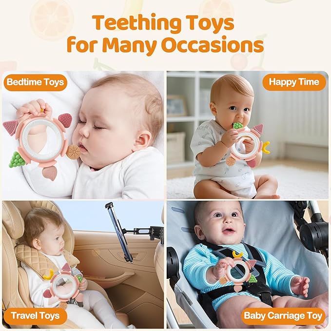 Baby Teething Ring Toy for 3-12 Months, Silicone Infant Teether for Sore Gum Relief, Soothing Sensory Chew Toy, Ideal Newborn Gift for Boys Girls Baby Shower, Birthday or Valentines Day, Pink