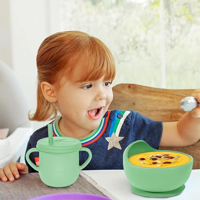 Dormlony 100% Silicone Baby Feeding Set,BPA Free Baby Dishes Set with Suction Bowl Divided Plate,Toddler Self Feeding Dish Set with Spoons Forks Sippy Cup and Bib, Baby Eating Utensils (Neon Green)