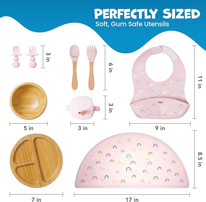 Bamboo & Silicone Baby Feeding Set 8 PCS | Baby Led Weaning Supplies Self Feeding | Divided Suction Plate Bowl Bib Sippy Cup with Straw Utensils Baby Bowls and Spoons Toddler Feeding Set (Pink)
