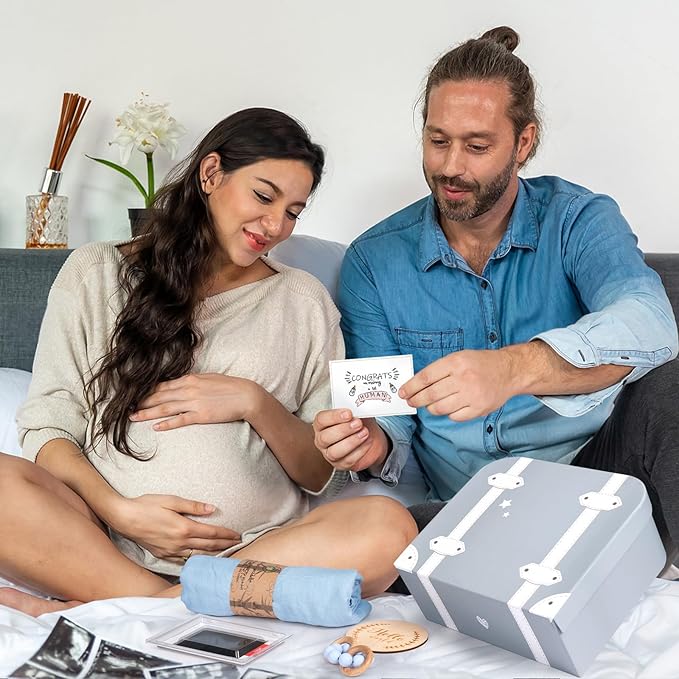 Baby Shower Gifts for Boys, Baby Boy Gifts & Newborn Essentials Bunny Lovey Security Blanket Wooden Milestone Card Infant Rattle Toy, Neworn Boy Gift Basket Set