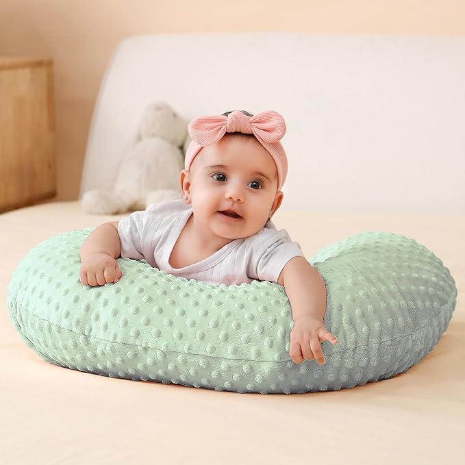 QUENESS Nursing Pillow and Positioner, Breastfeeding, Bottle Feeding, Baby Sitting Support with Removable Ultra Soft Cover, Tummy Time Support for Baby Boys and Girls (Green)