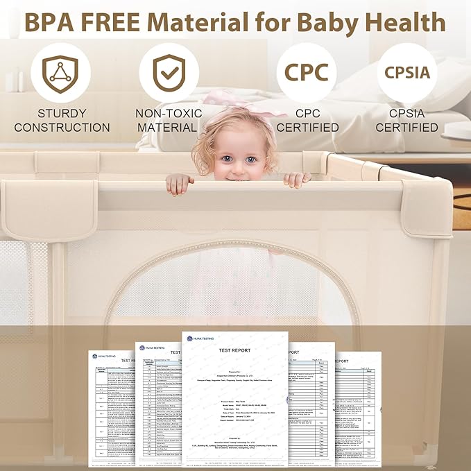 Playpen for Babies and Toddlers 50x50 inch - Baby Gate Playyard with Soft Breathable Mesh Cover - Indoor and Outdoor Baby Play Pen - Portable Playpen for Babies (Apricot)