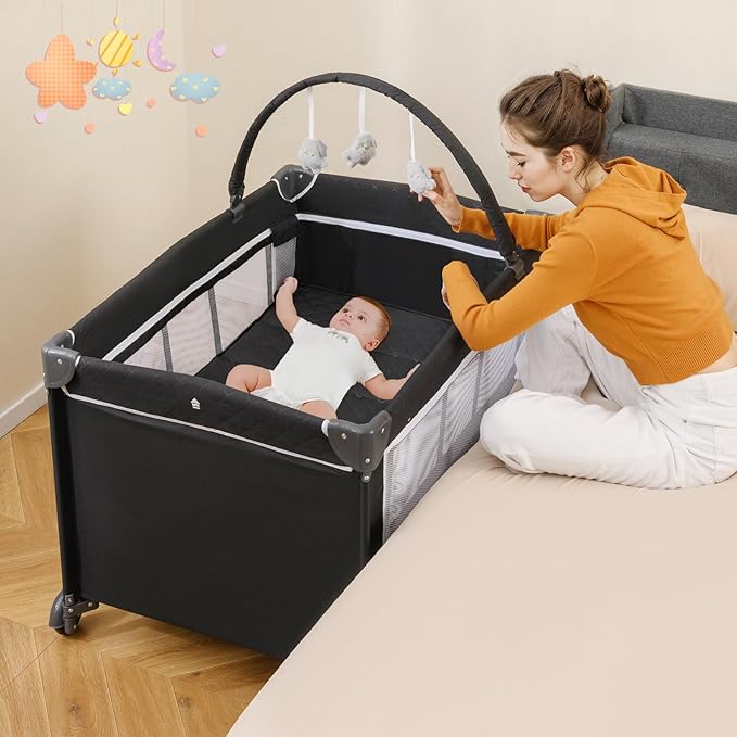 HONEY JOY Pack and Play, 4 in 1 Folding Infant Playpen with Bassinet, Quickly Assembled, Breathable Mesh Fabric, Carry Bag, Diaper Changing Table, Toys, Portable Crib for Babies & Toddlers (Black)