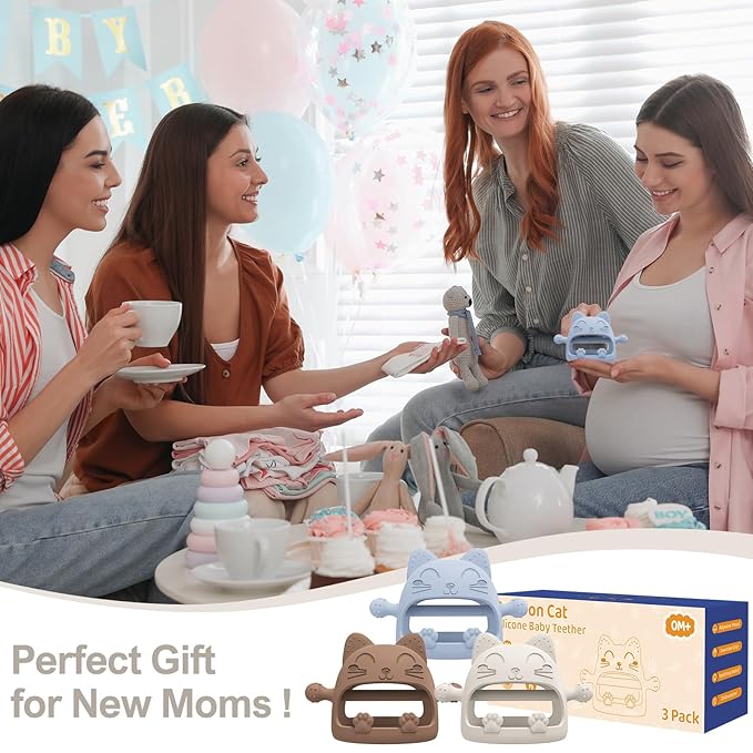 3 Pack Baby Teether-Cartoon Teethers for Babies 0-6 Months, Baby Teething Toys,Baby Chew Toys for Teething Relief,Baby Toys 0-6 Months,Ideal Baby Travel Essentials for Newborn &Moms(Cartoon Cat)