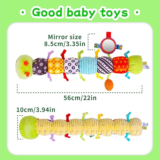 SRICH Baby Musical Plush Caterpillar Toy - 0-12 Months Tummy Time & Head Lifting Soft Sensory Toy, Rattle, Rustling Sounds & Mirror, Perfect Gift for Boys & Girls