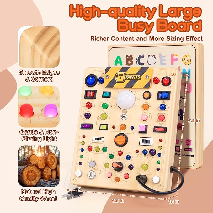 Busy Board with 19 LED Light Switches, Montessori Toys for 1 2 3 Years Old, Wooden Sensory Board, Toddlers Activity Travel Toys for 1 2 3 Year Old Boy & Girl Birthday Gift (Big)