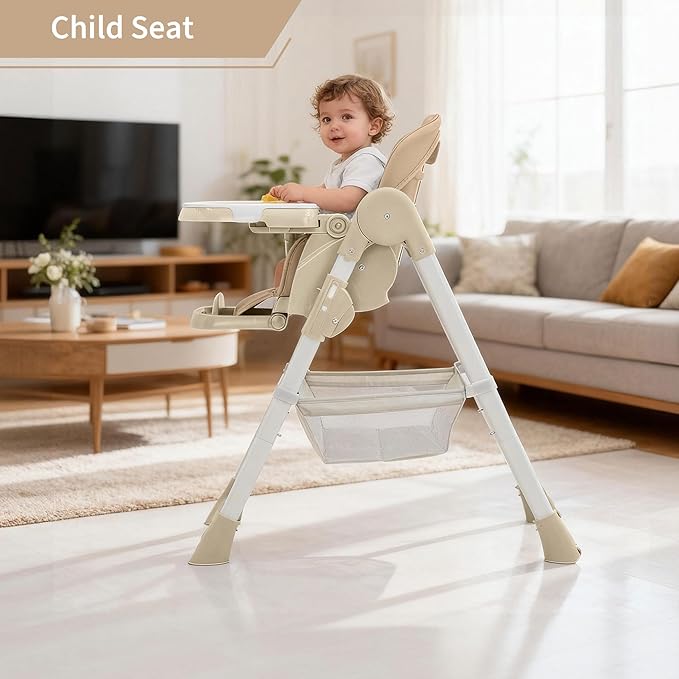 GarveeLife Foldable High Chair for Babies & Toddlers, PU Leather Highchair with Adjustable Backrest, Footrest, Seat Height, Removable Tray, 5-Point Safety Harness & Locking Wheels, Champagne