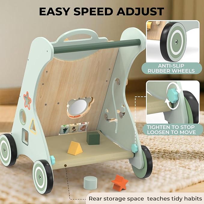 WOODMAM Wooden Baby Walker, Adjustable Speed Baby Push Walker for 1 Year Old, 10-in-1 Montessori Walker for Boys & Girls, Toddler Sit-to-Stand Learning Toy with Detachable Busy Board