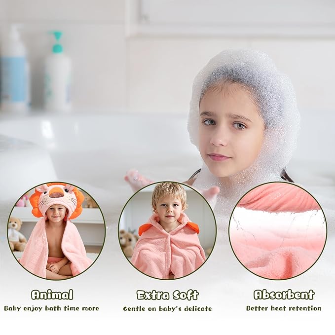 WODHOY 2-Pack Animal Hooded Bath Towels for Babies & Kids 0-6 Years, 50x32 Inch Ultra Soft Coral Fleece Baby Towel Set, Super Absorbent, Bath Time Essentials with Cute Animal Ears, Gift Ready