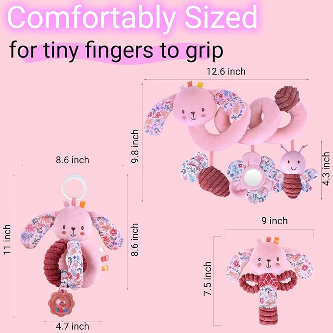 Baby Spiral Car Seat Toys for Babies 0-6 Months Girl, Stroller Hanging Stuffed Animal Carseat Mirror Crinkle Toy 0-3-6-7-12, Newborn Infant Valentines Gifts Easter Basket Stuffers Bunny 3PCS