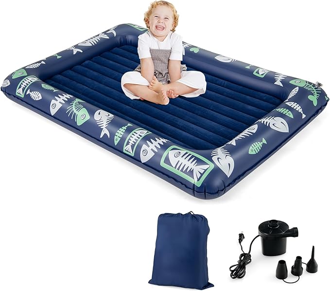 Costzon Inflatable Toddler Travel Bed, Kids Air Mattress Set w/Electric Pump, 4 Sides Safety Bumper & 2-in-1 Multifunctional Design, Portable Toddler Bed for Travel, Camping, Home-use (Blue)