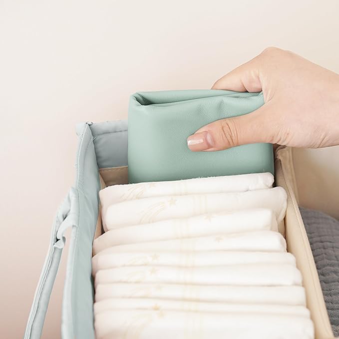 Konssy Faux Leather Baby Changing Mat, Waterproof, Wipeable & Portable Diaper Changing Pad for Travel or Home, Fits Perfectly in Diaper Bag, 30 x 17 inches (Green,Green Leaves)