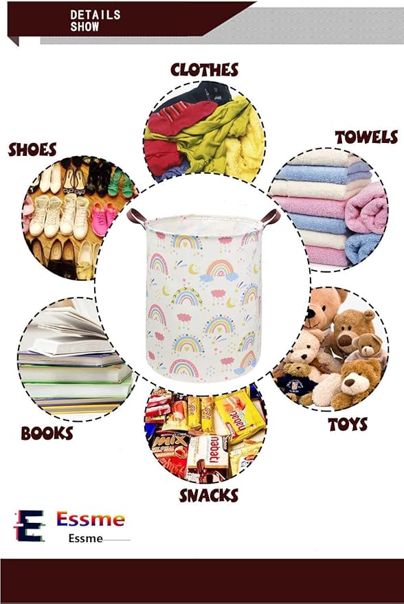 ESSME Rainbow laundry basket,Collapsible Kids Laundry Hamper with Waterproof PE Coating,Girls Hamper Nursery Hamper for Girls Room Decor,Toy storage,Gift Basket.(Rainbow)