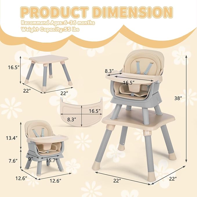 Kinder King 8 in 1 Baby High Chair, Coverts to Dining Booster Seat/Kids Table & Chair Set/Toddler Building Block Table/Kids Stool, Removable Tray & Double Seat Cover, Easy to Wipe, Grey & Coffee