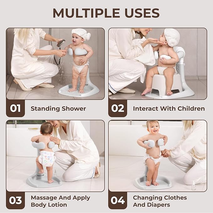 Adjustable Baby Shower Stand, Baby Bath Stand, Baby Shower Standing Support with Adjustable Height and Safety Handle, Foldable and Compact Baby Bathtub with Stand for Baby 6-36 Months (Grey)