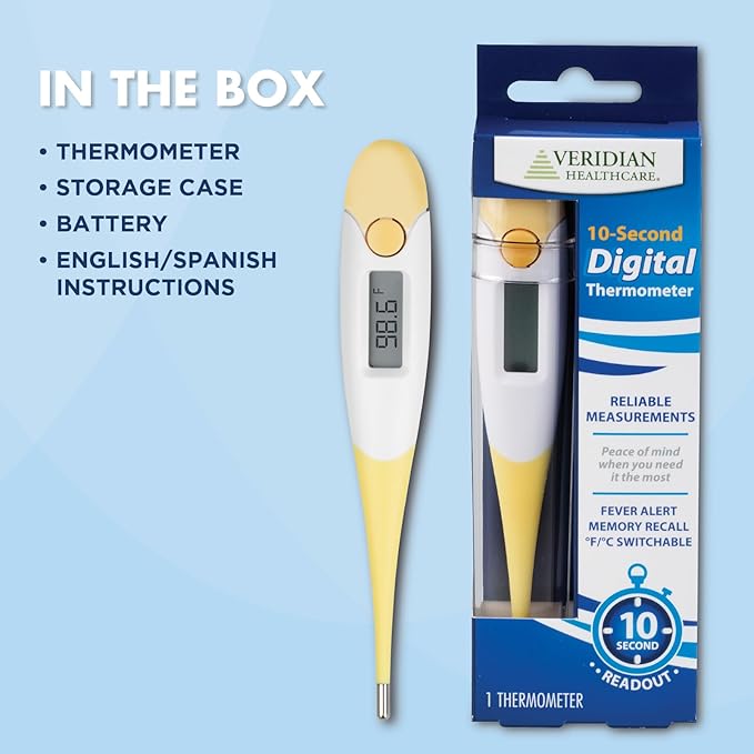 Veridian Digital Thermometer | 10-Second Readout | F C Temperature Modes| Flexible Tip | Hygienic Water-Resistant Easy Cleaning | Storage Case + Instructions Included